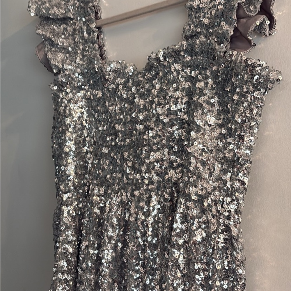 Silver Sequin Maxi Dress with Ruffle Straps